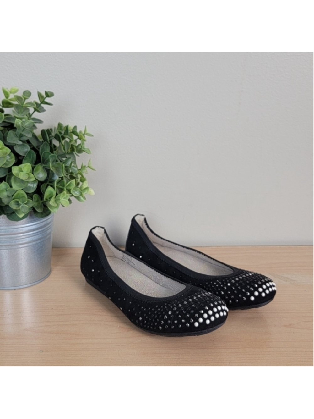Stuart Weitzman Fannie Pearl Black Rhinestone Sparkle Slip On Ballet Flats Shoes